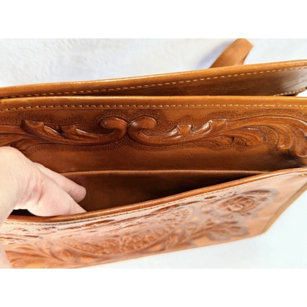 VTG‎ 70s Mont-Abur Mexican Tooled Leather Handbag Mayan Deity Aztec Sun Calendar